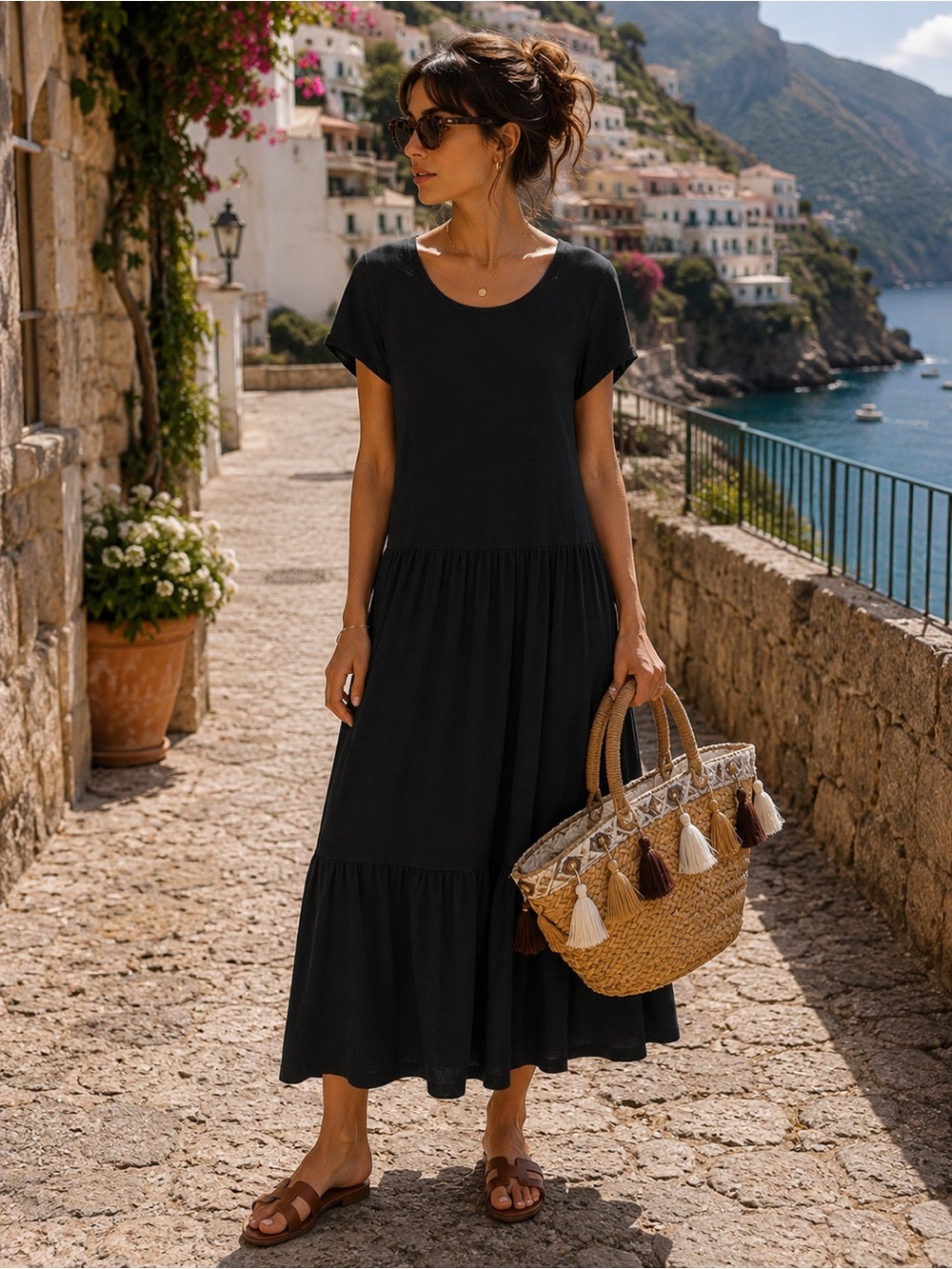 Nation LTD Roman Tiered T-Shirt Midi Dress Black Pima Cotton S